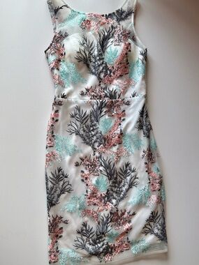 Nicole Miller Ivory Sheath Dress with Mint & Coral Embroidery